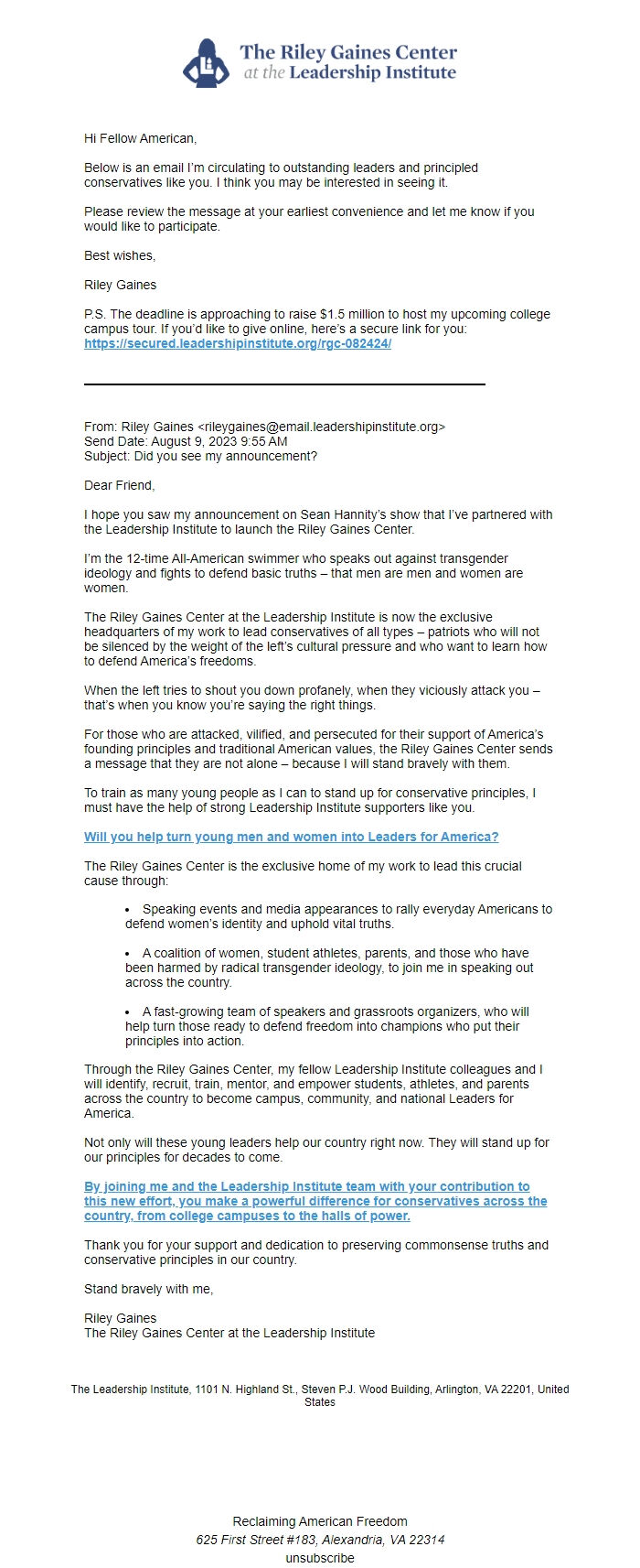 Screenshot of the email generated on import