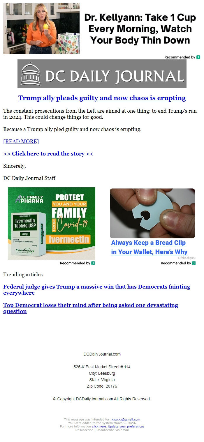 Screenshot of the email generated on import