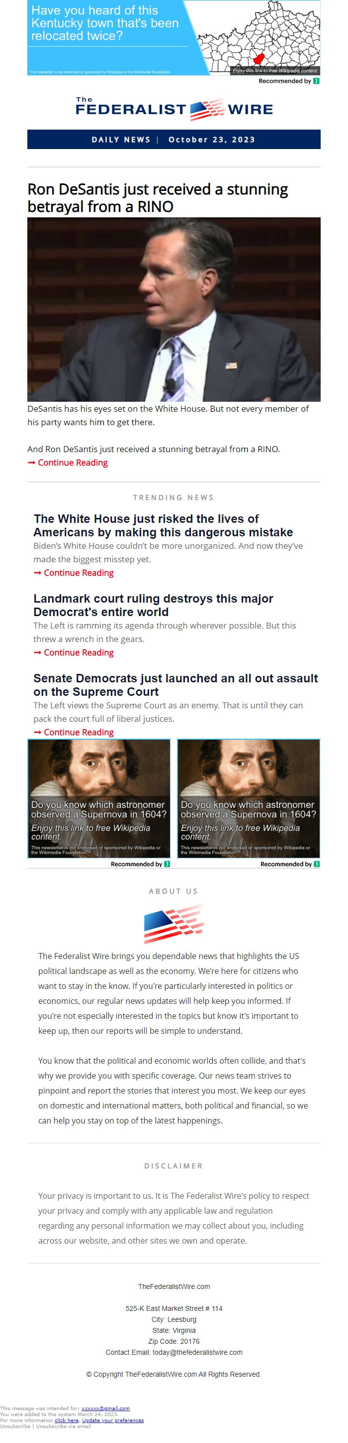 Screenshot of the email generated on import
