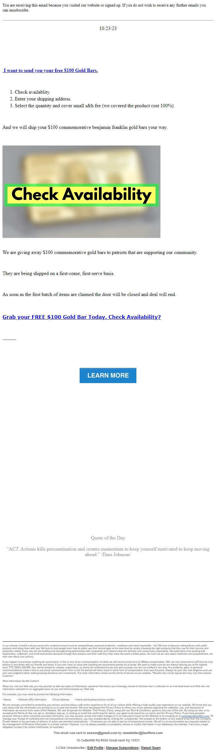 Screenshot of the email generated on import