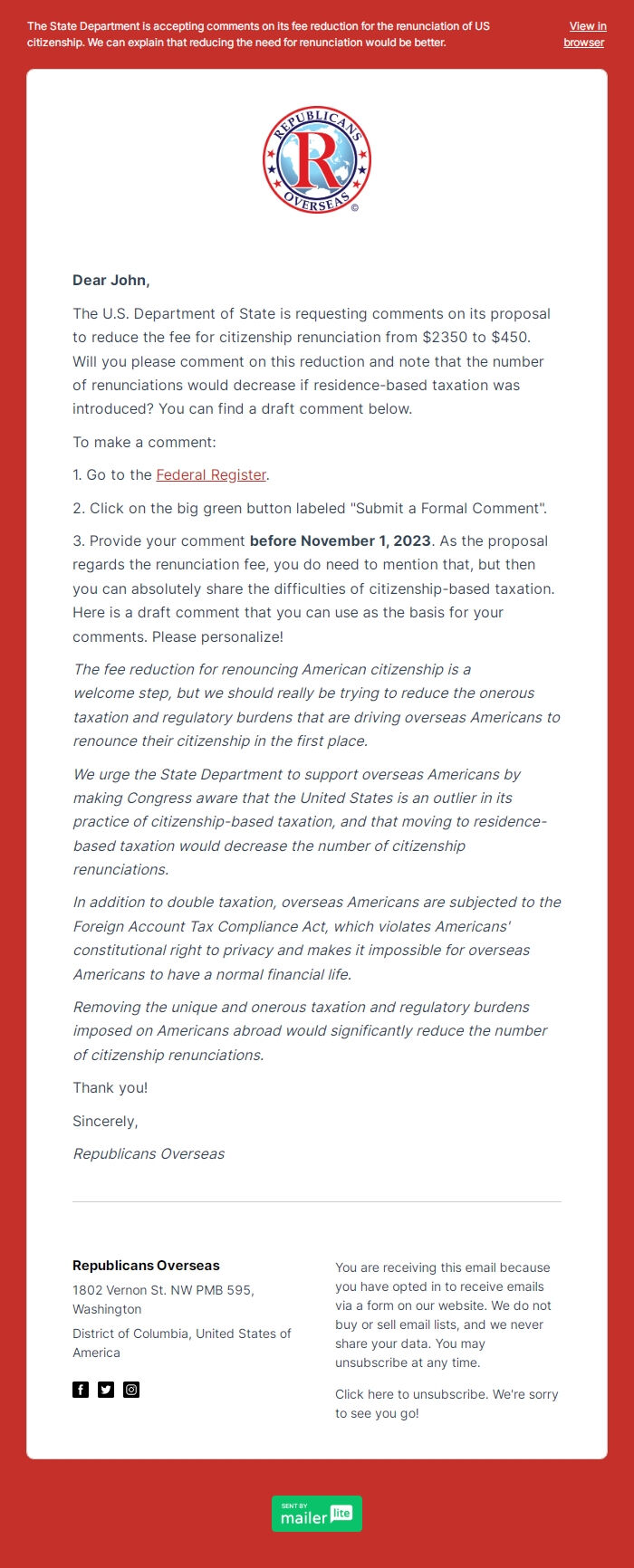 Screenshot of the email generated on import