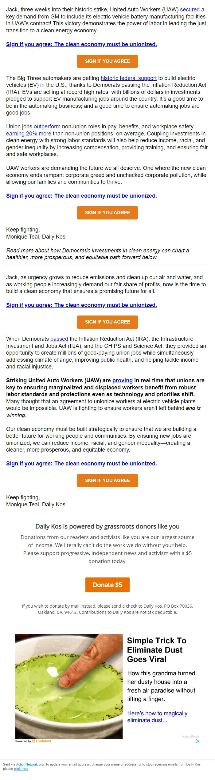 Screenshot of the email generated on import