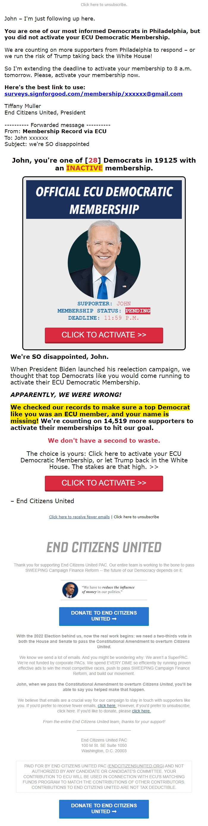 Screenshot of the email generated on import