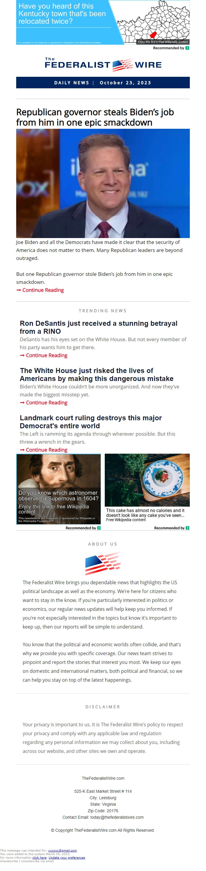 Screenshot of the email generated on import