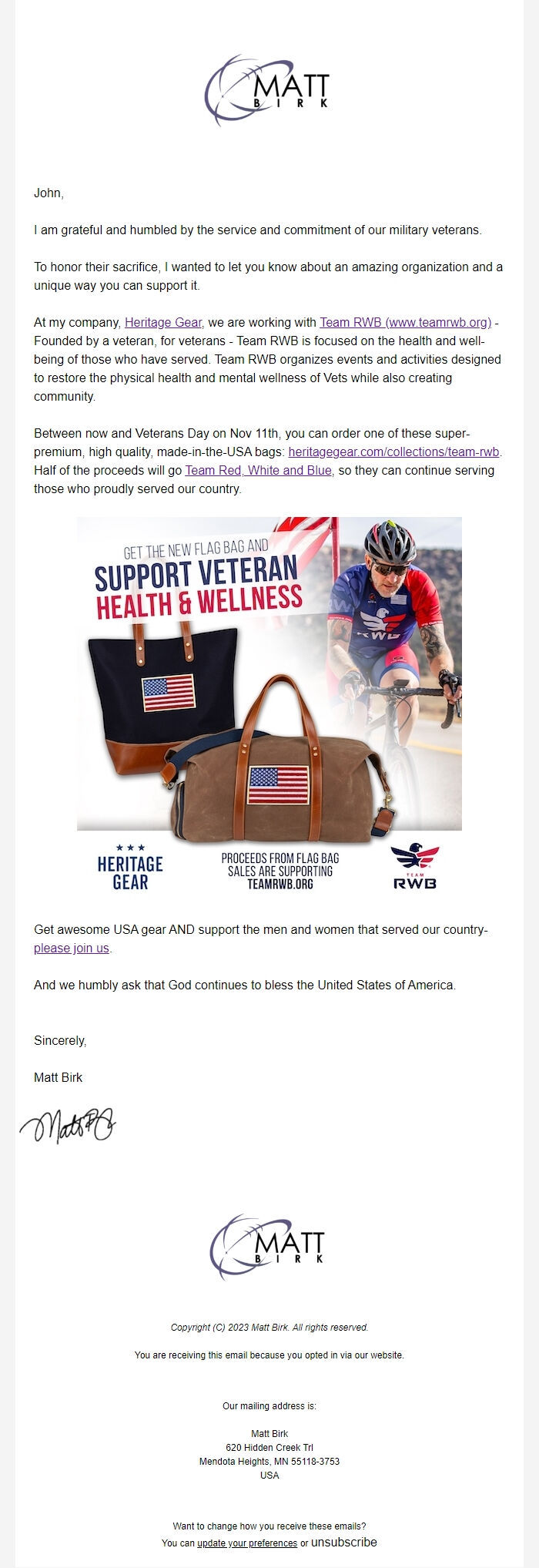 Screenshot of the email generated on import