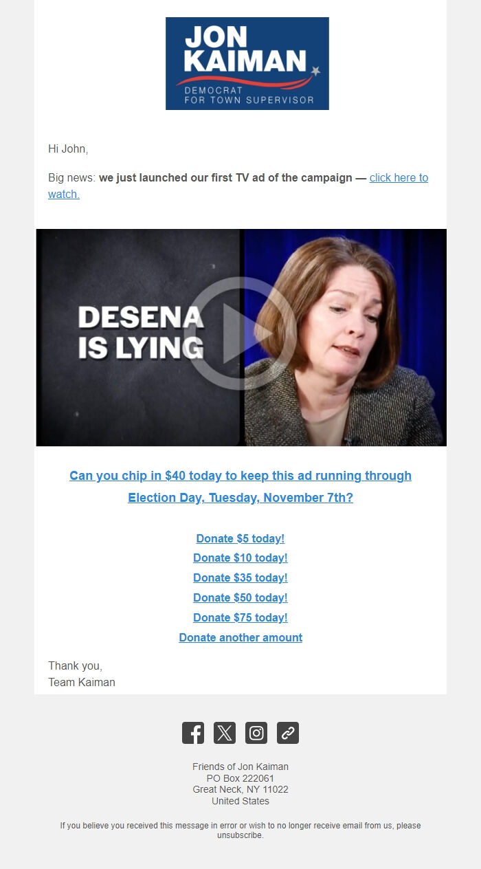 Screenshot of the email generated on import