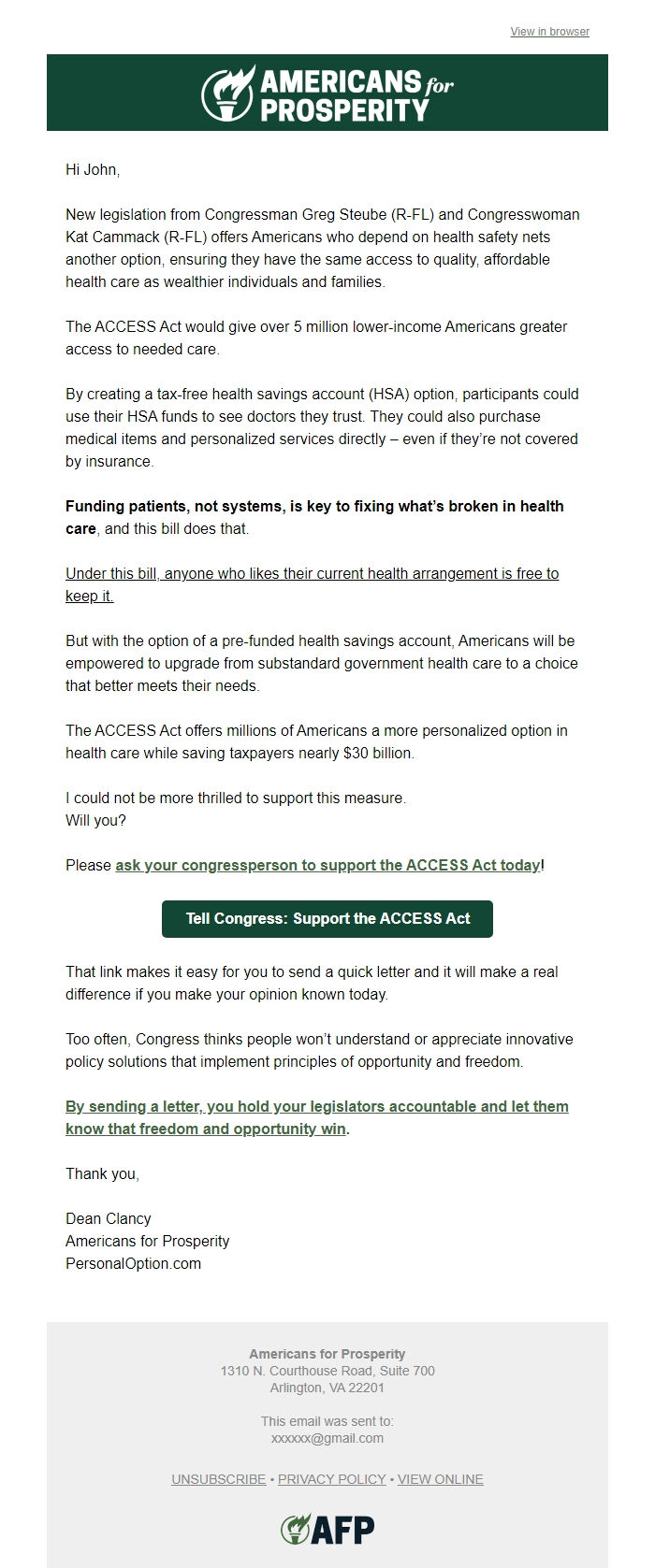 Screenshot of the email generated on import