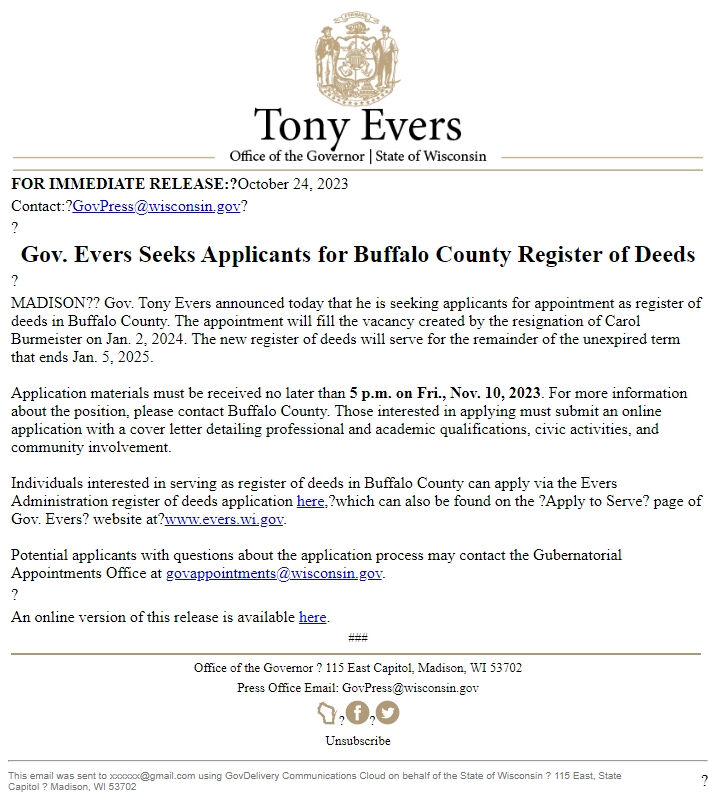 Screenshot of the email generated on import