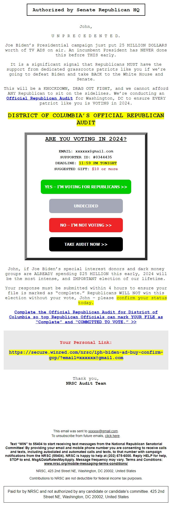 Screenshot of the email generated on import
