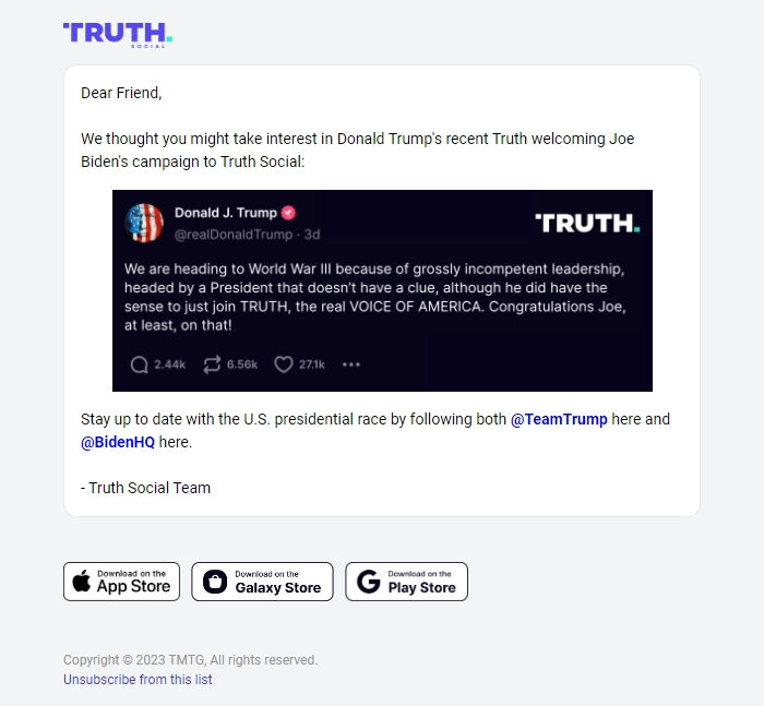 Screenshot of the email generated on import
