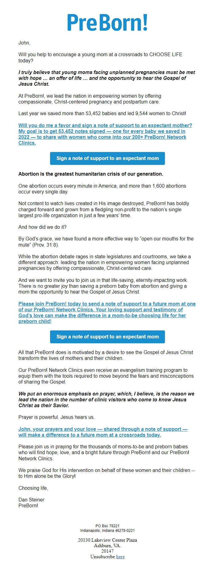 Screenshot of the email generated on import