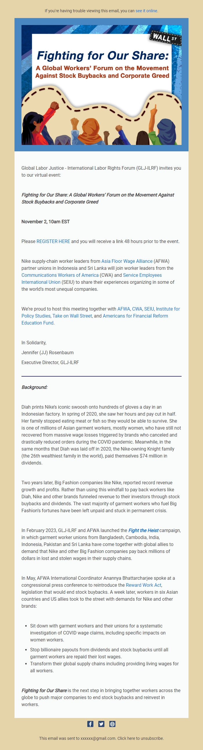 Screenshot of the email generated on import