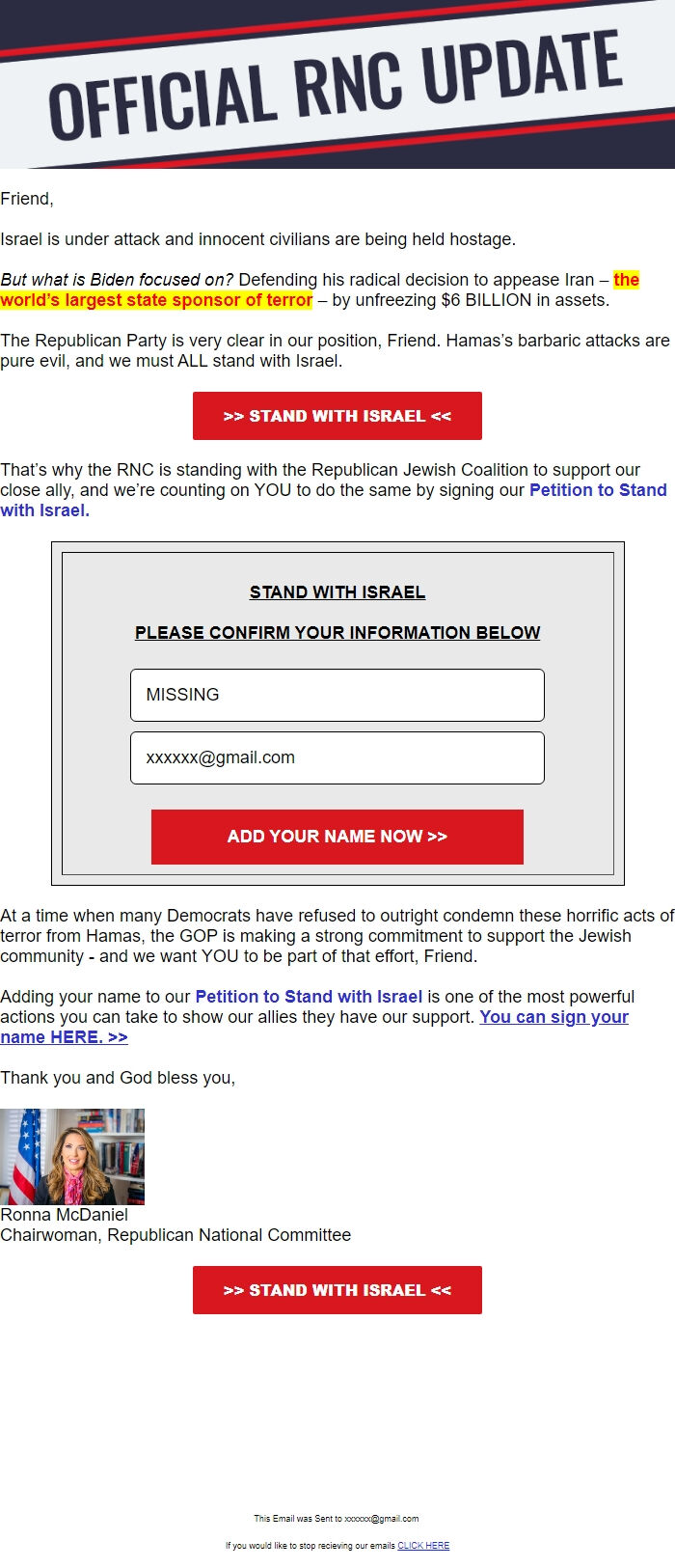 Screenshot of the email generated on import