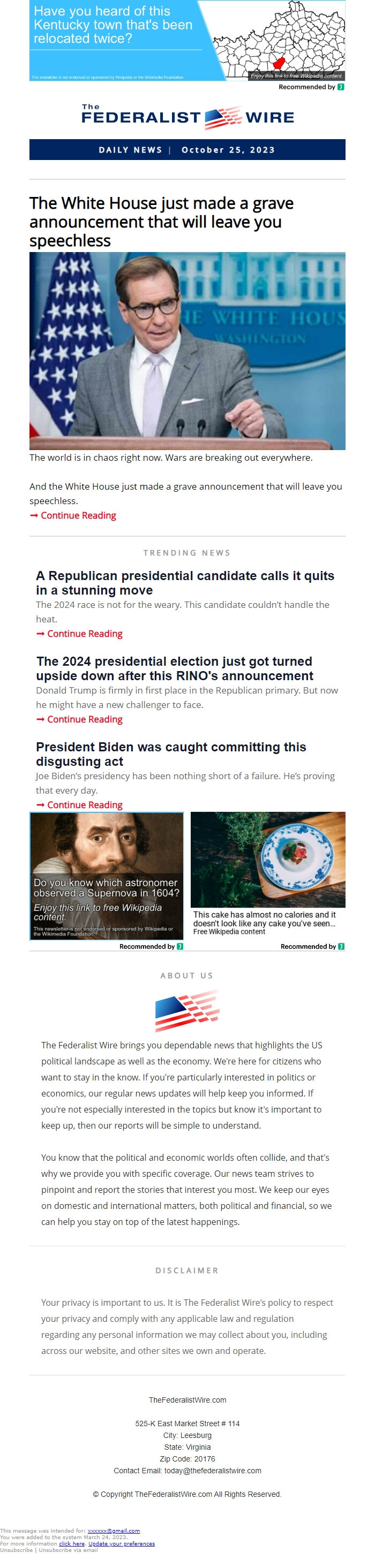 Screenshot of the email generated on import
