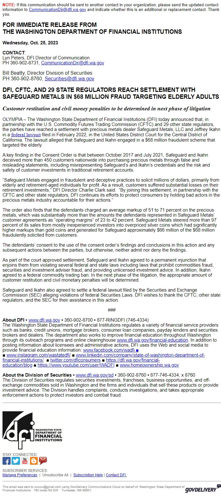 Screenshot of the email generated on import