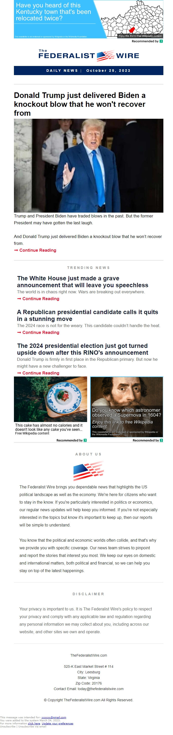 Screenshot of the email generated on import