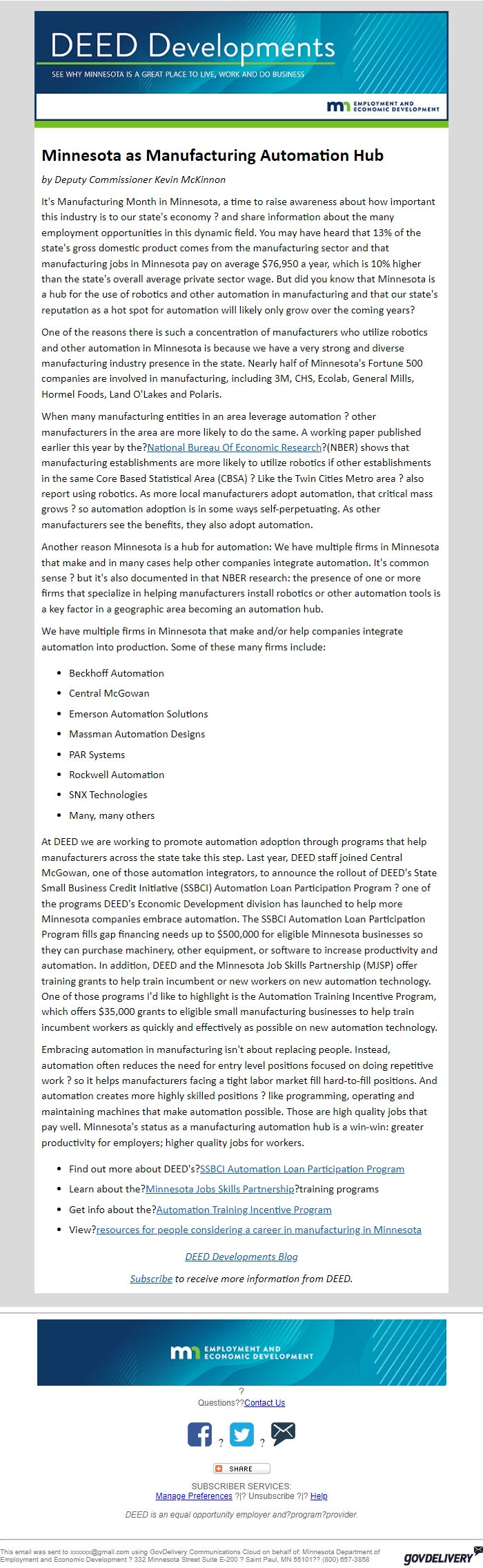 Screenshot of the email generated on import