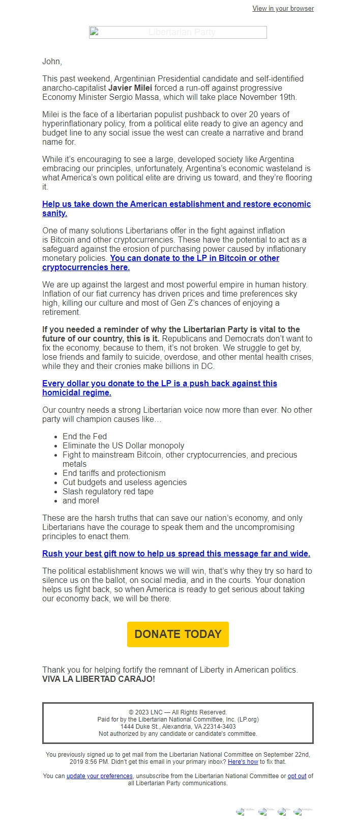 Screenshot of the email generated on import