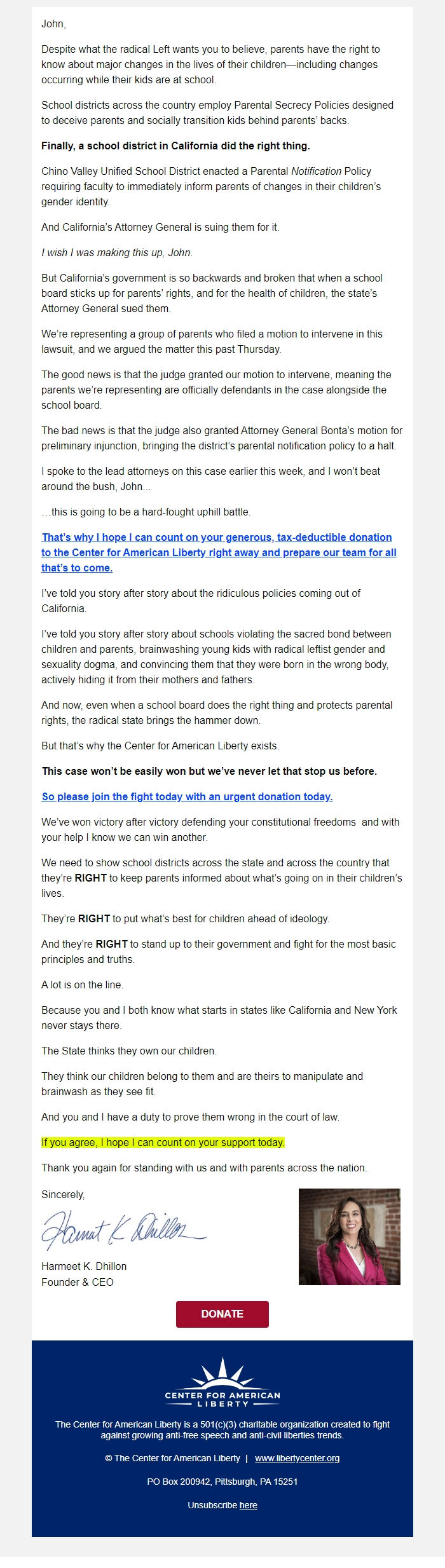 Screenshot of the email generated on import