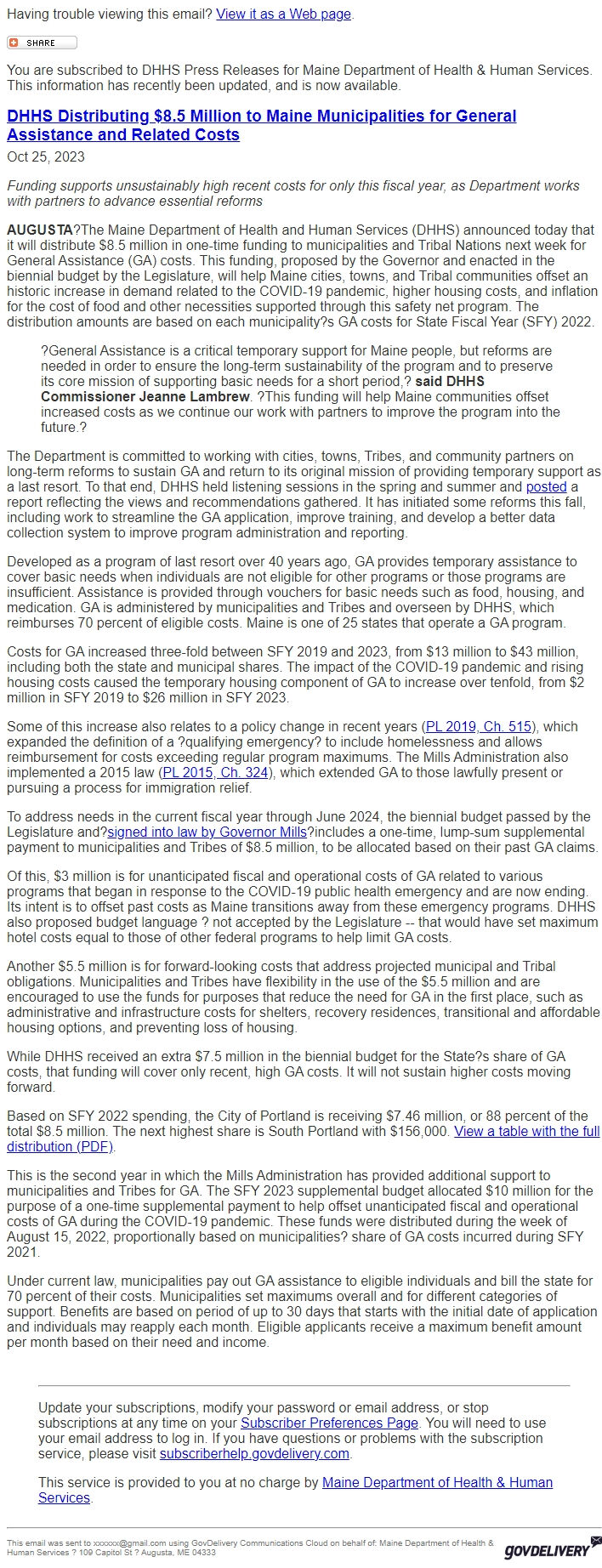 Screenshot of the email generated on import