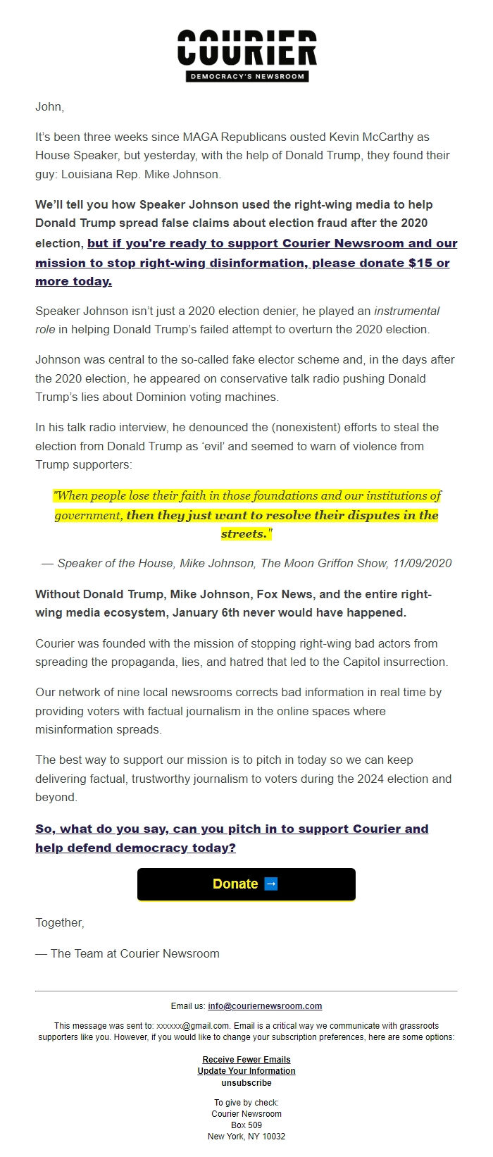 Screenshot of the email generated on import