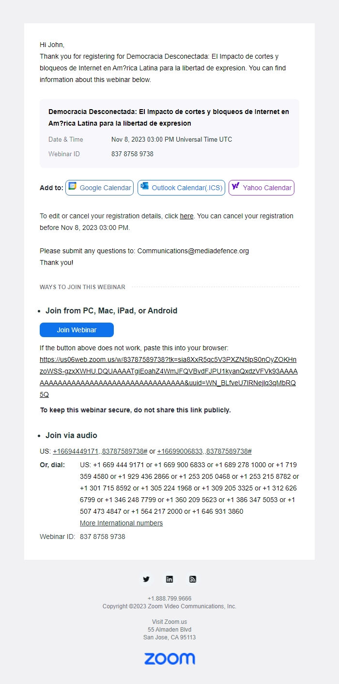 Screenshot of the email generated on import