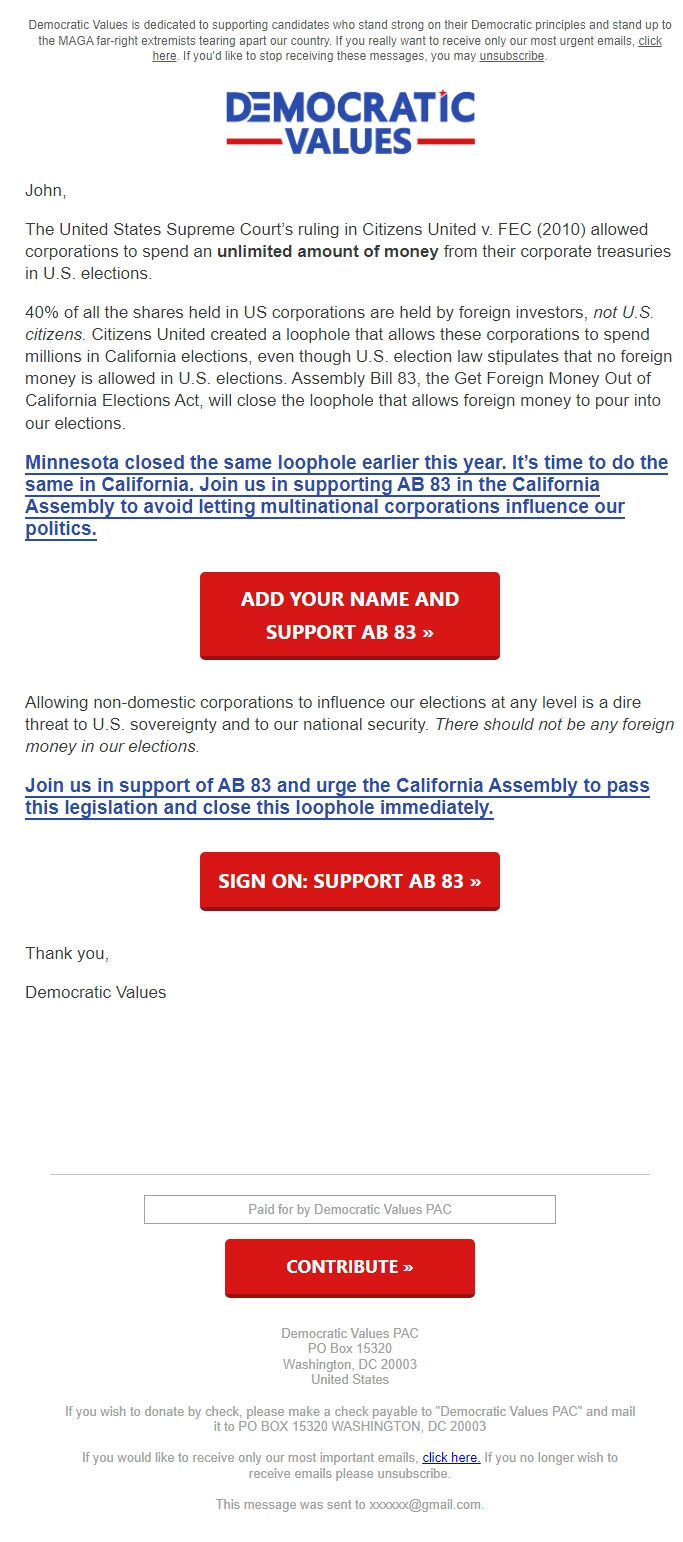 Screenshot of the email generated on import