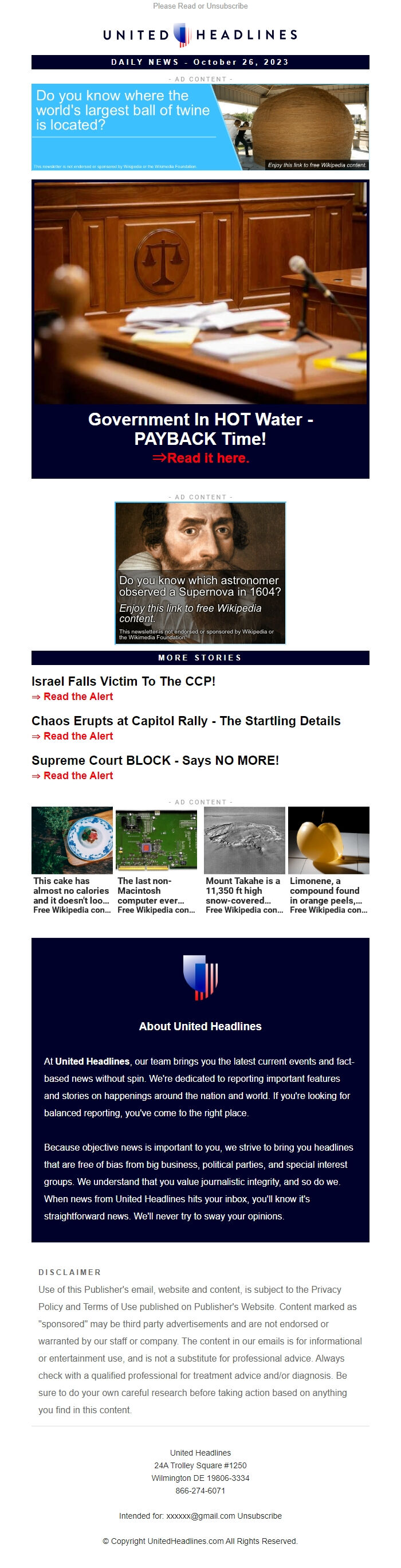 Screenshot of the email generated on import