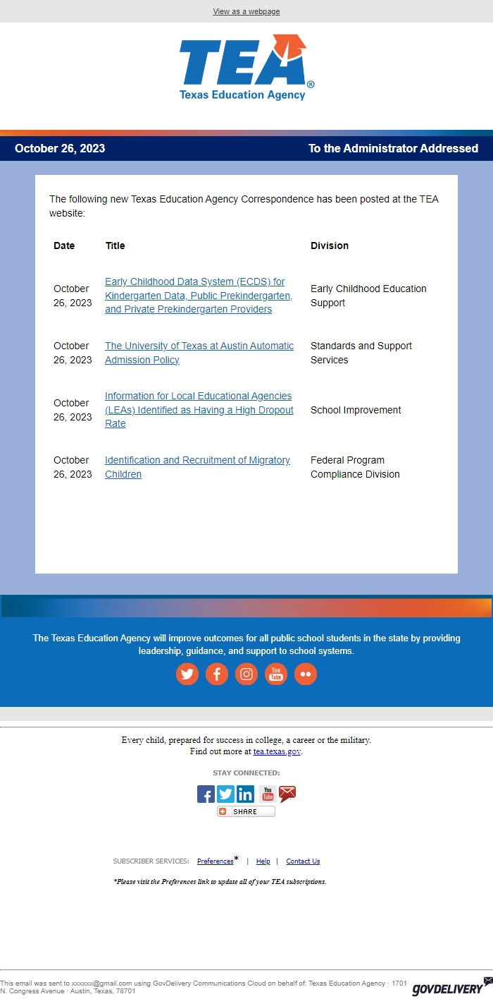 Screenshot of the email generated on import