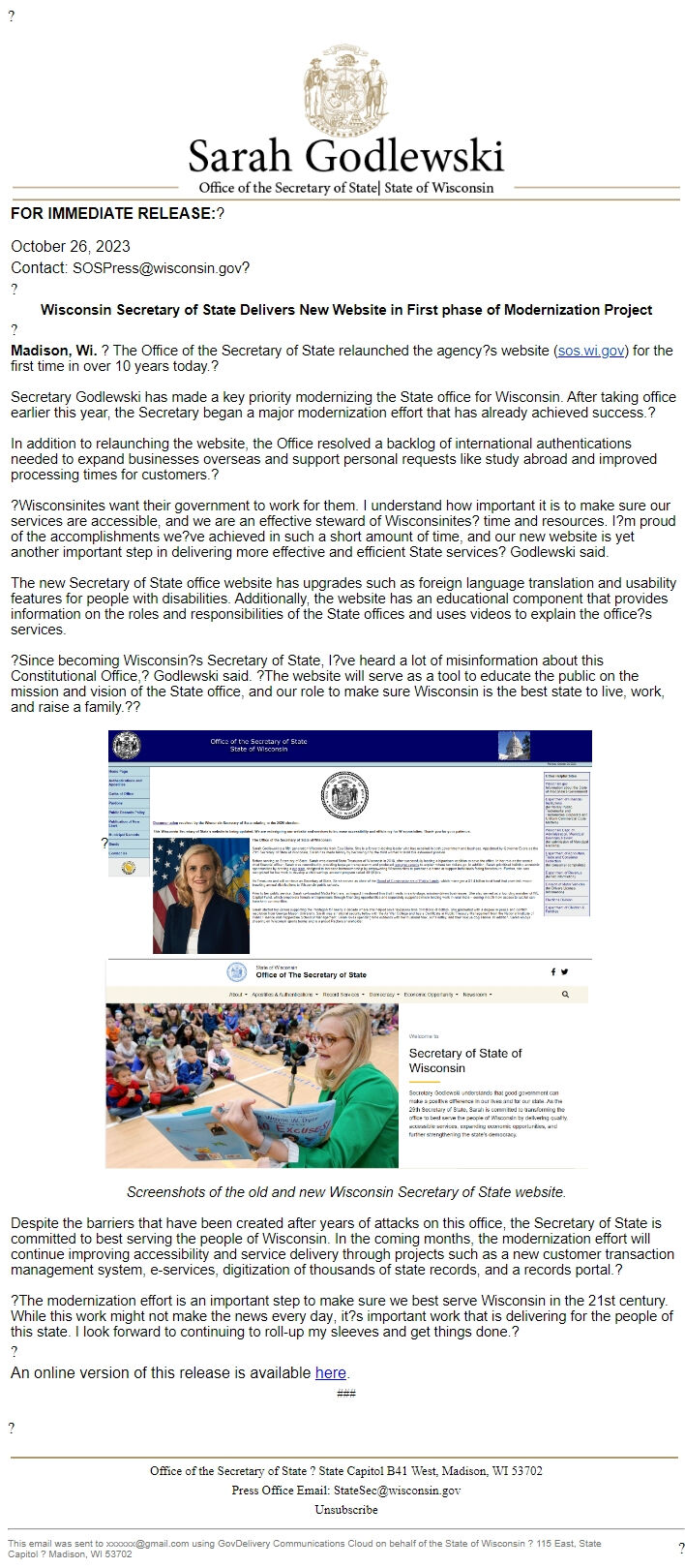 Screenshot of the email generated on import