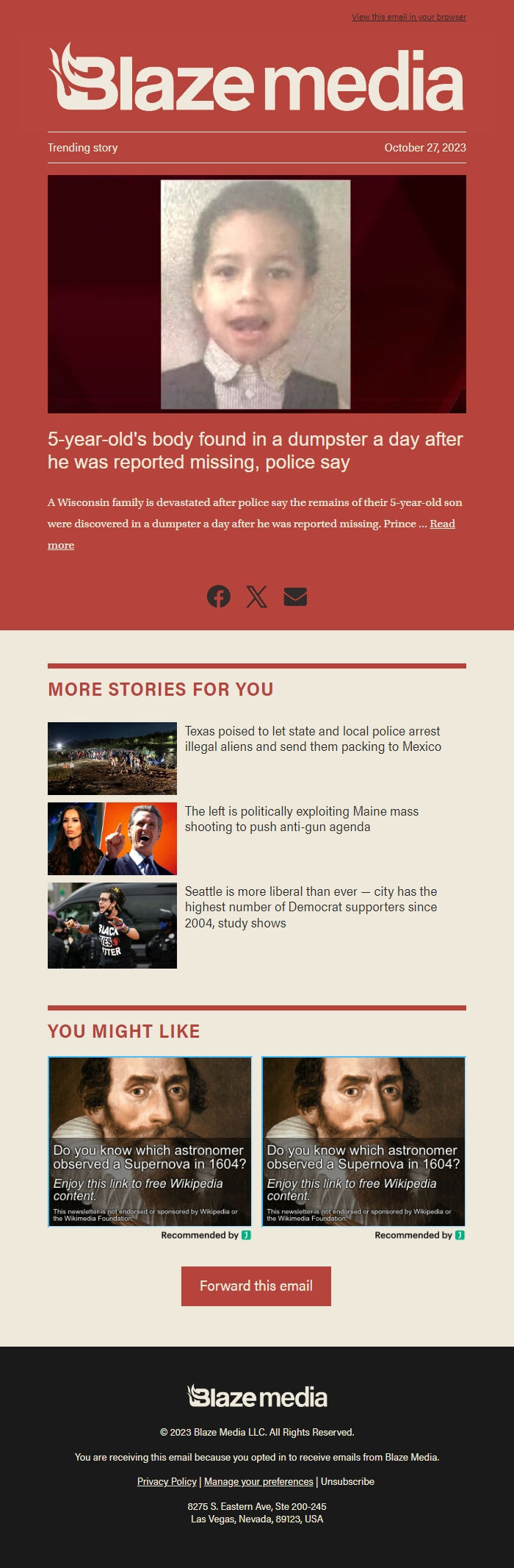 Screenshot of the email generated on import