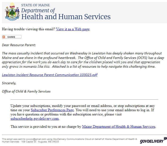 Screenshot of the email generated on import