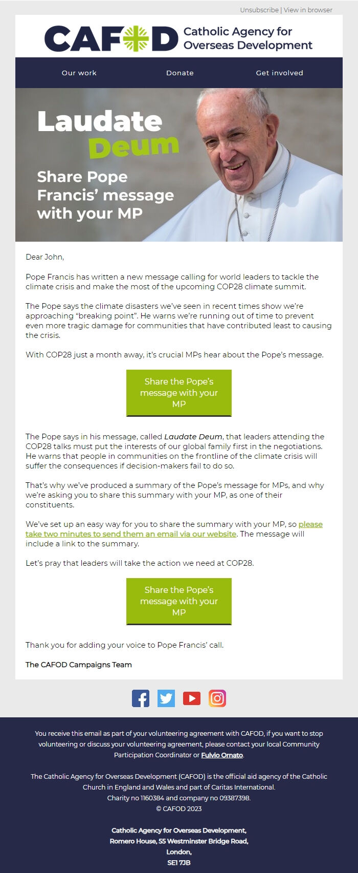 Screenshot of the email generated on import