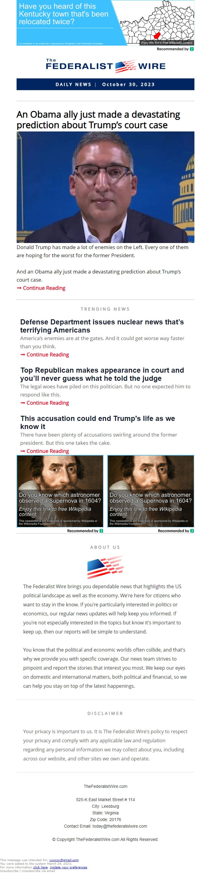 Screenshot of the email generated on import
