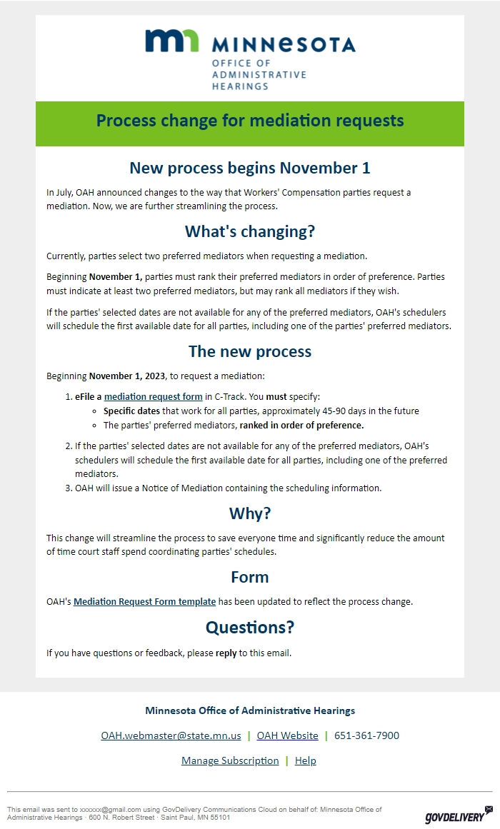 Screenshot of the email generated on import