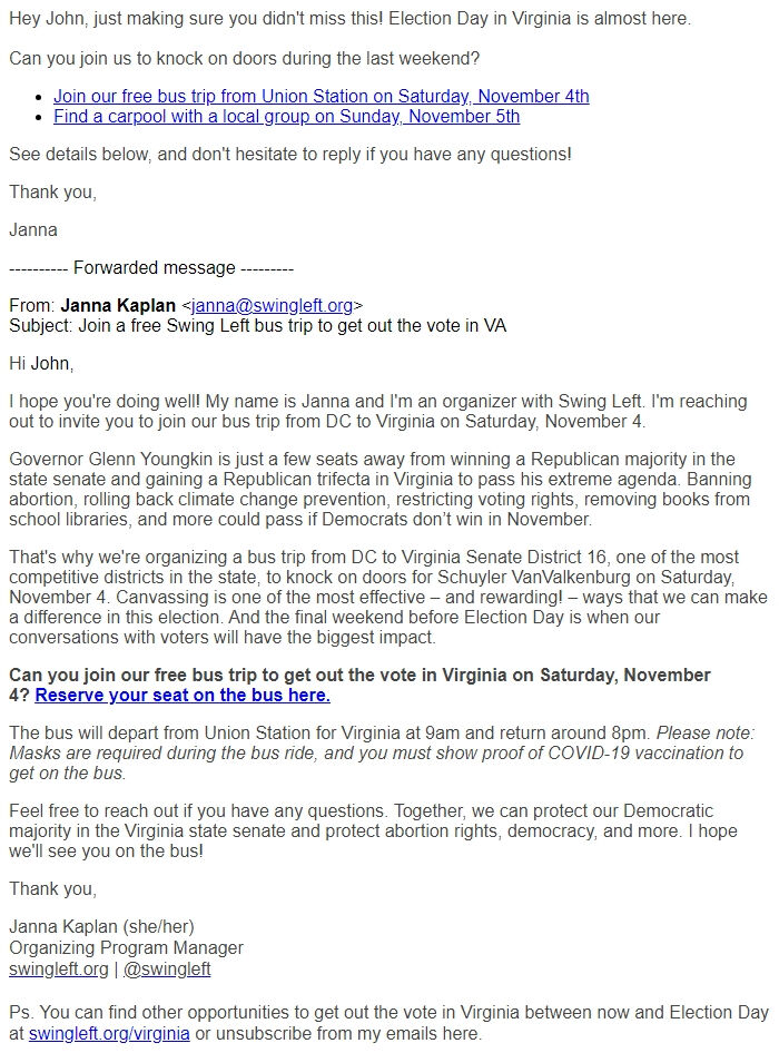 Screenshot of the email generated on import