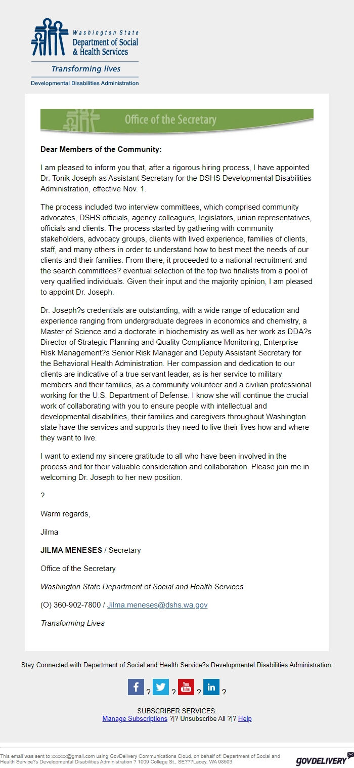 Screenshot of the email generated on import