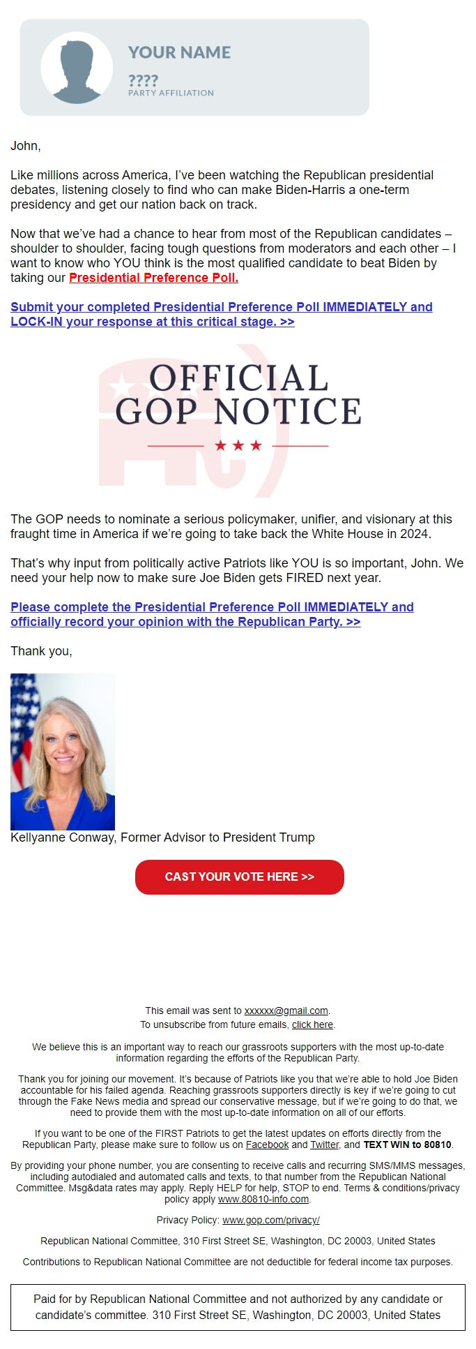 Screenshot of the email generated on import