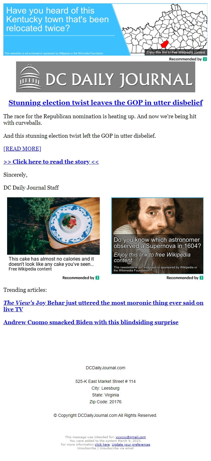 Screenshot of the email generated on import
