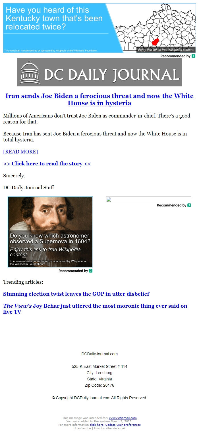 Screenshot of the email generated on import