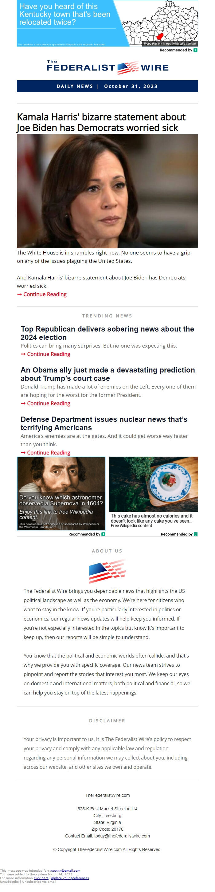 Screenshot of the email generated on import