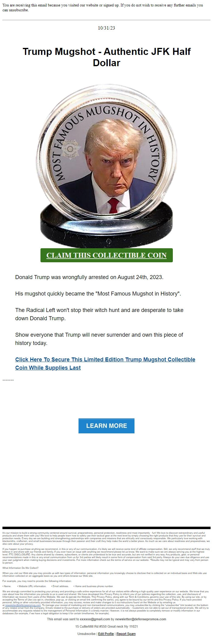Screenshot of the email generated on import