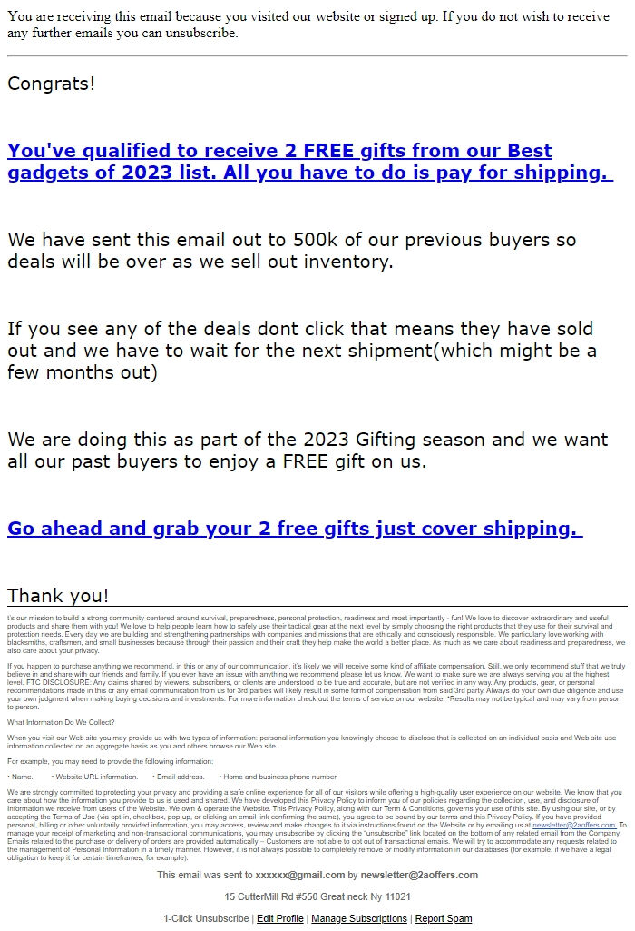 Screenshot of the email generated on import