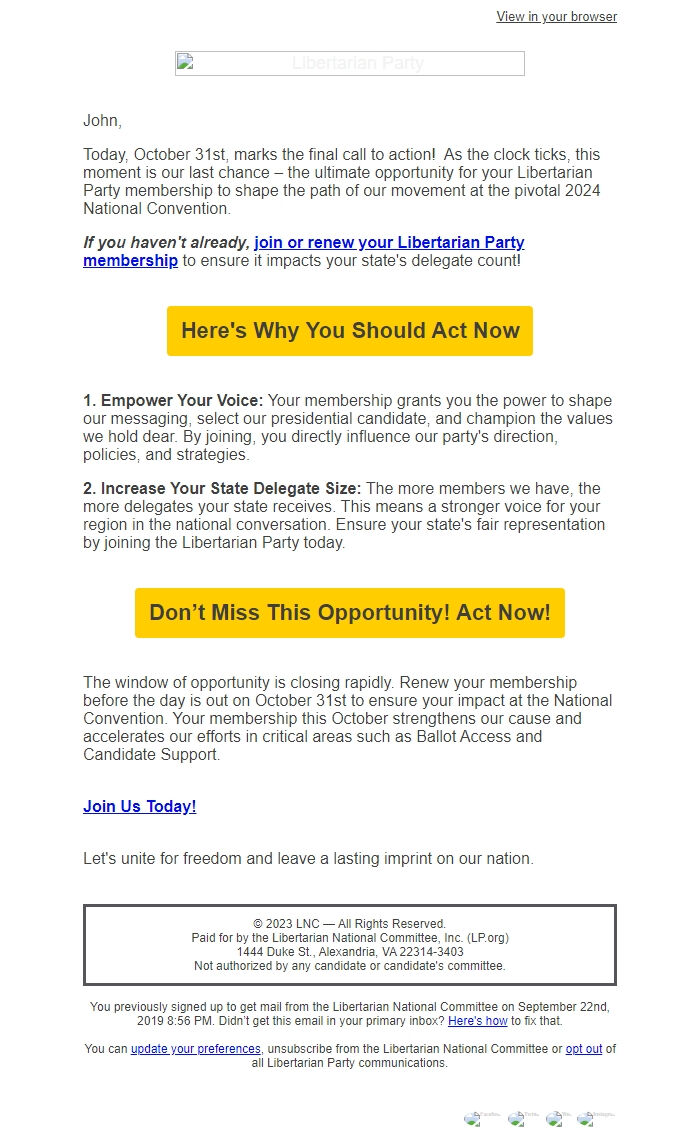 Screenshot of the email generated on import