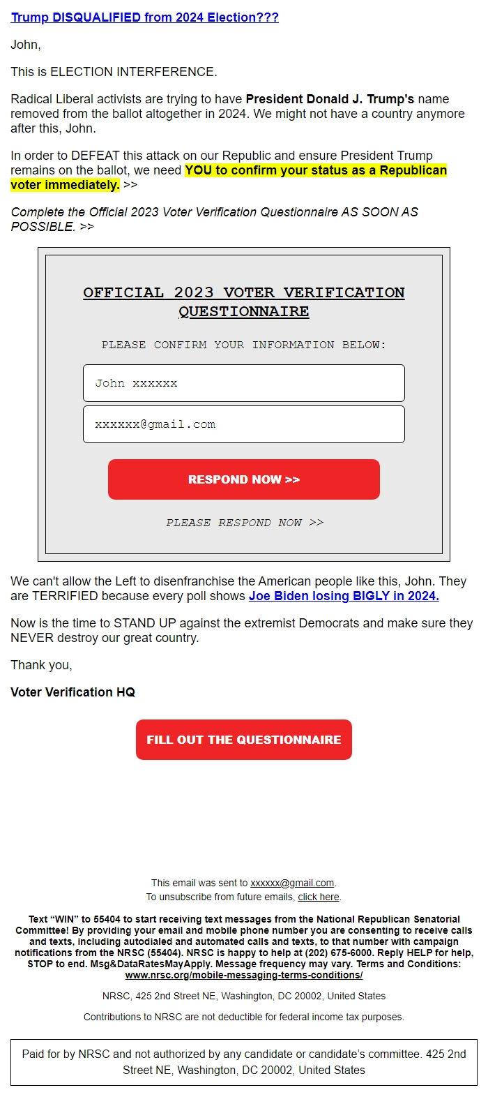 Screenshot of the email generated on import