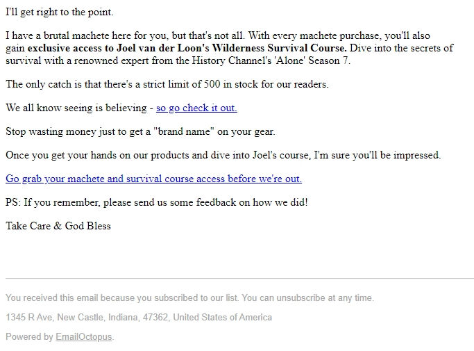 Screenshot of the email generated on import