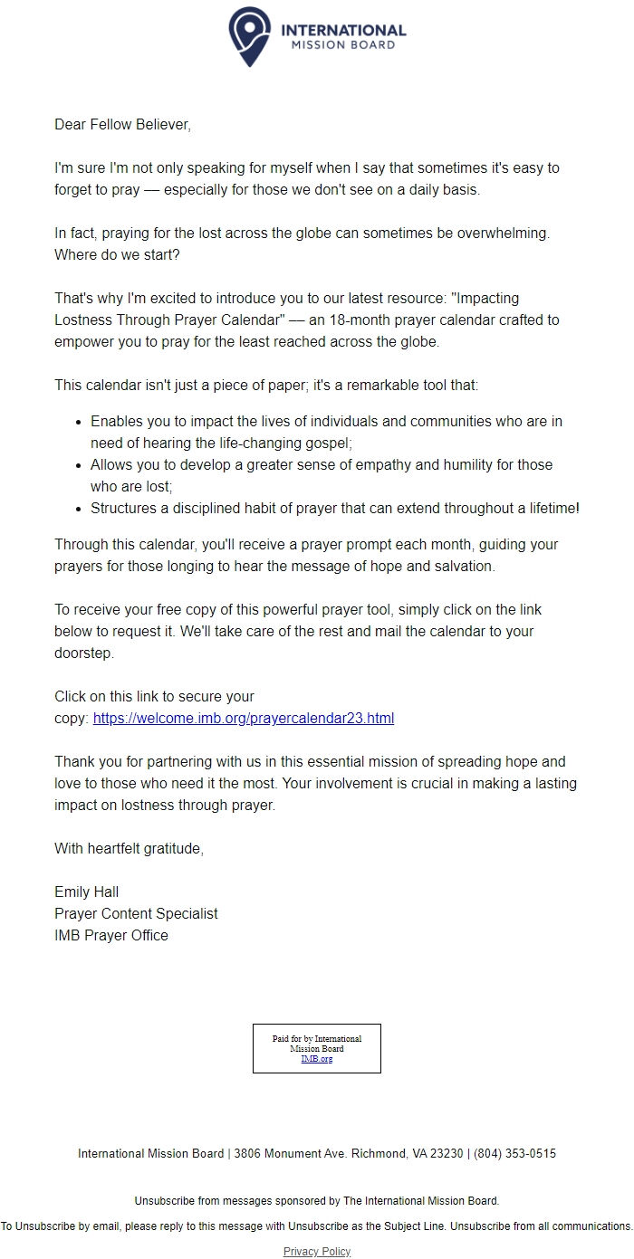 Screenshot of the email generated on import