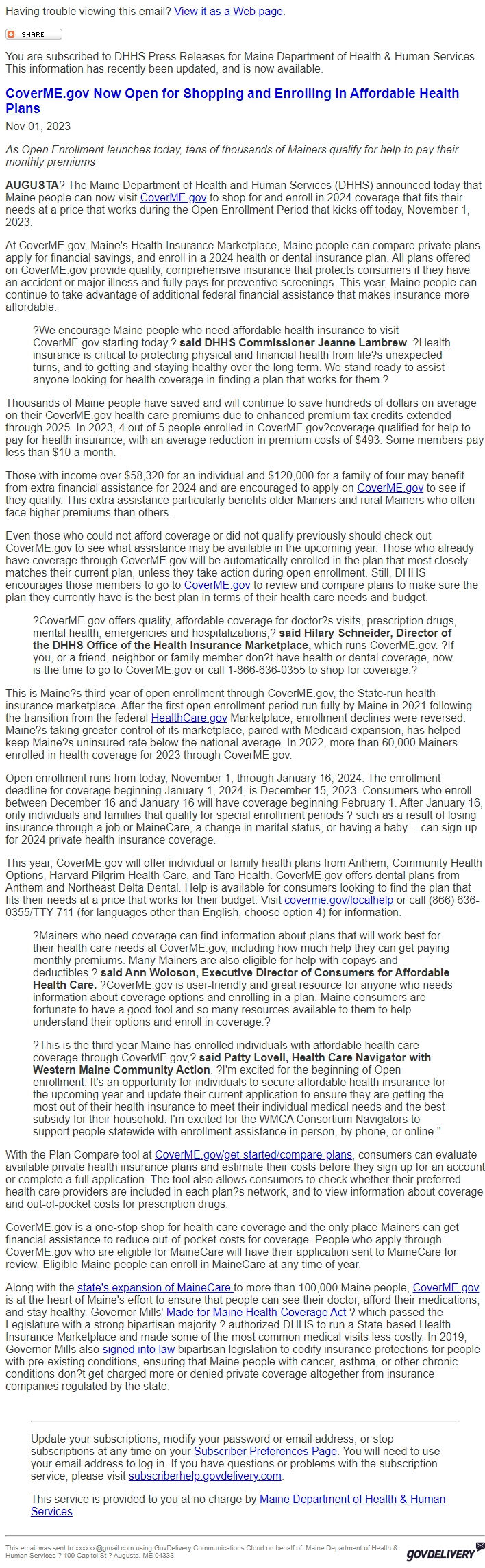 Screenshot of the email generated on import