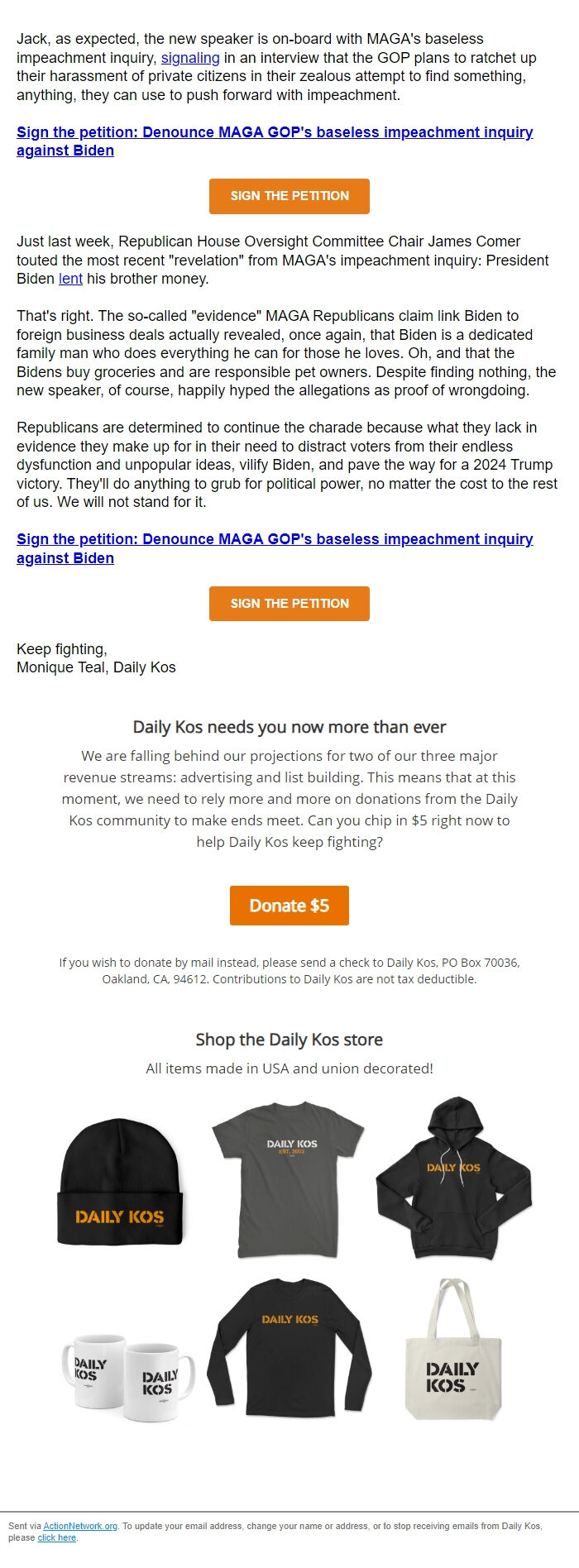 Screenshot of the email generated on import