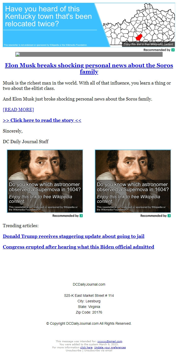 Screenshot of the email generated on import